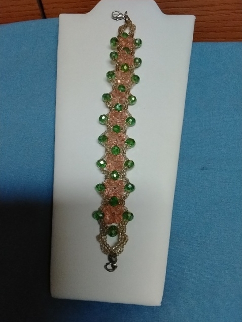 Handmade Green Bead and Gold Lace Bracelet